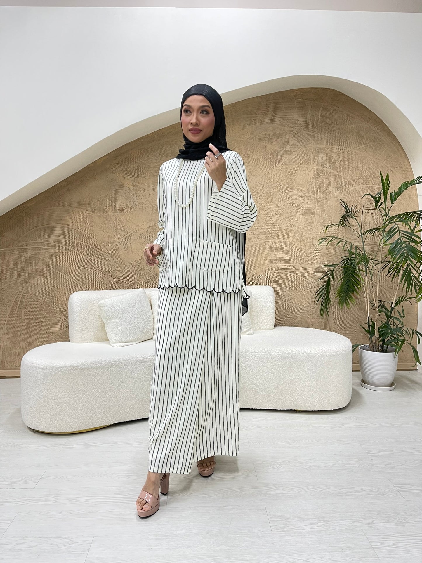 Ladies Embun Kurung Kedah in Cream & Black Stripes (NEW!)