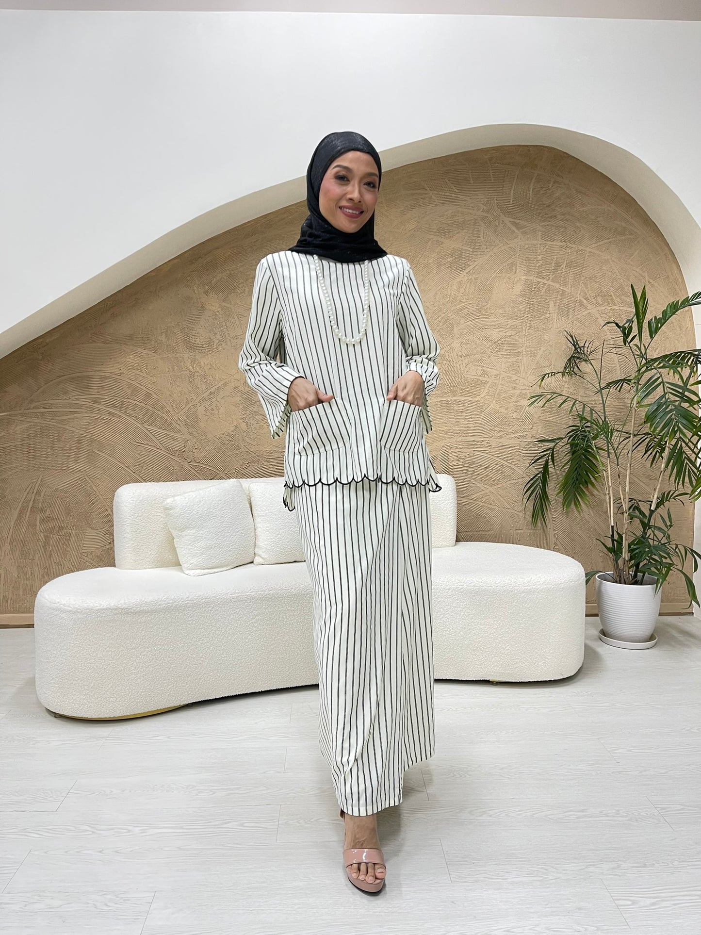 Ladies Embun Kurung Kedah in Cream & Black Stripes (NEW!)