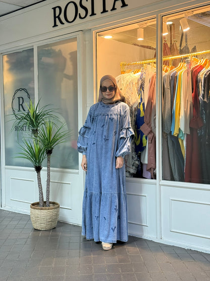 Janelle Embroidered Denim Maxi Dress in Light Blue (NEW!)