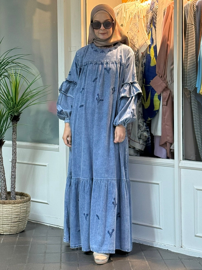 Janelle Embroidered Denim Maxi Dress in Light Blue (NEW!)
