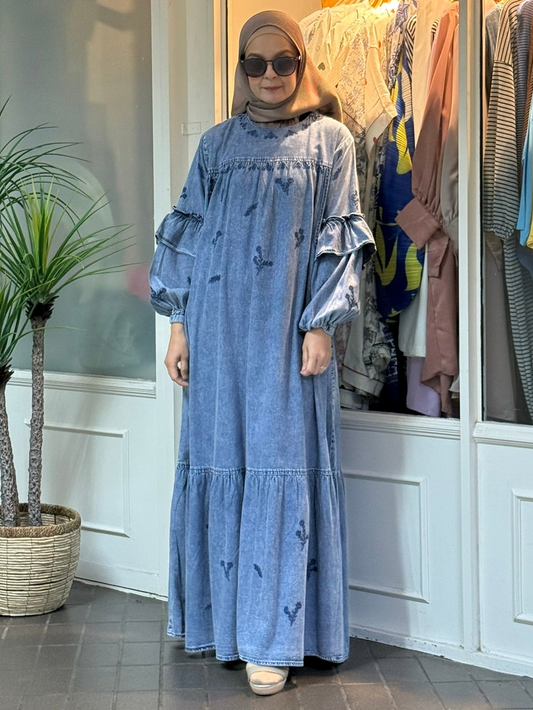 Janelle Embroidered Denim Maxi Dress in Medium Washed (NEW!)