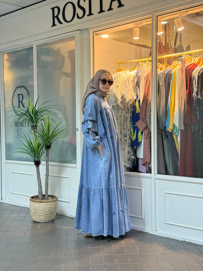 Janelle Embroidered Denim Maxi Dress in Light Blue (NEW!)