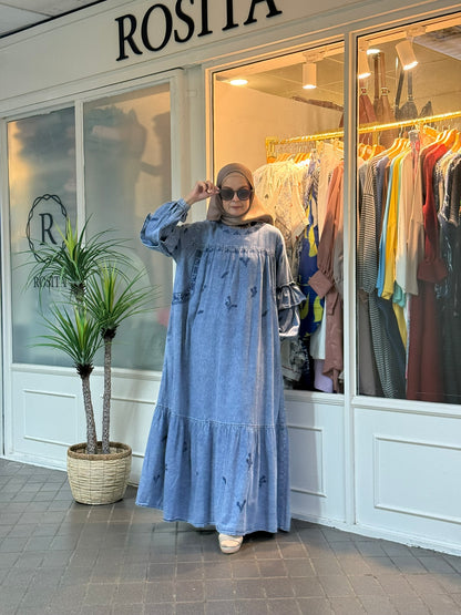 Janelle Embroidered Denim Maxi Dress in Light Blue (NEW!)