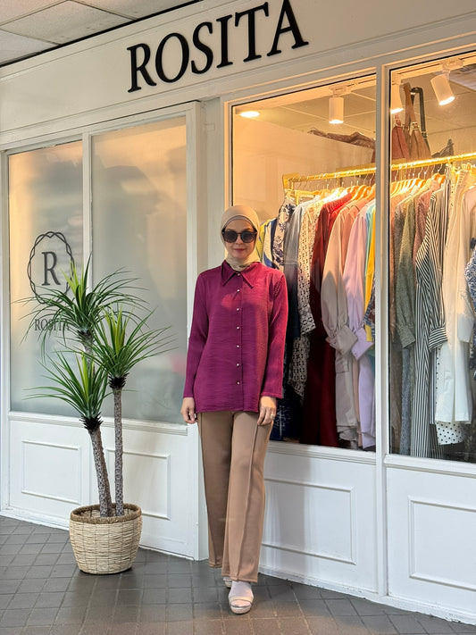 Geena Pleated Button Down Top in Magenta (NEW!)