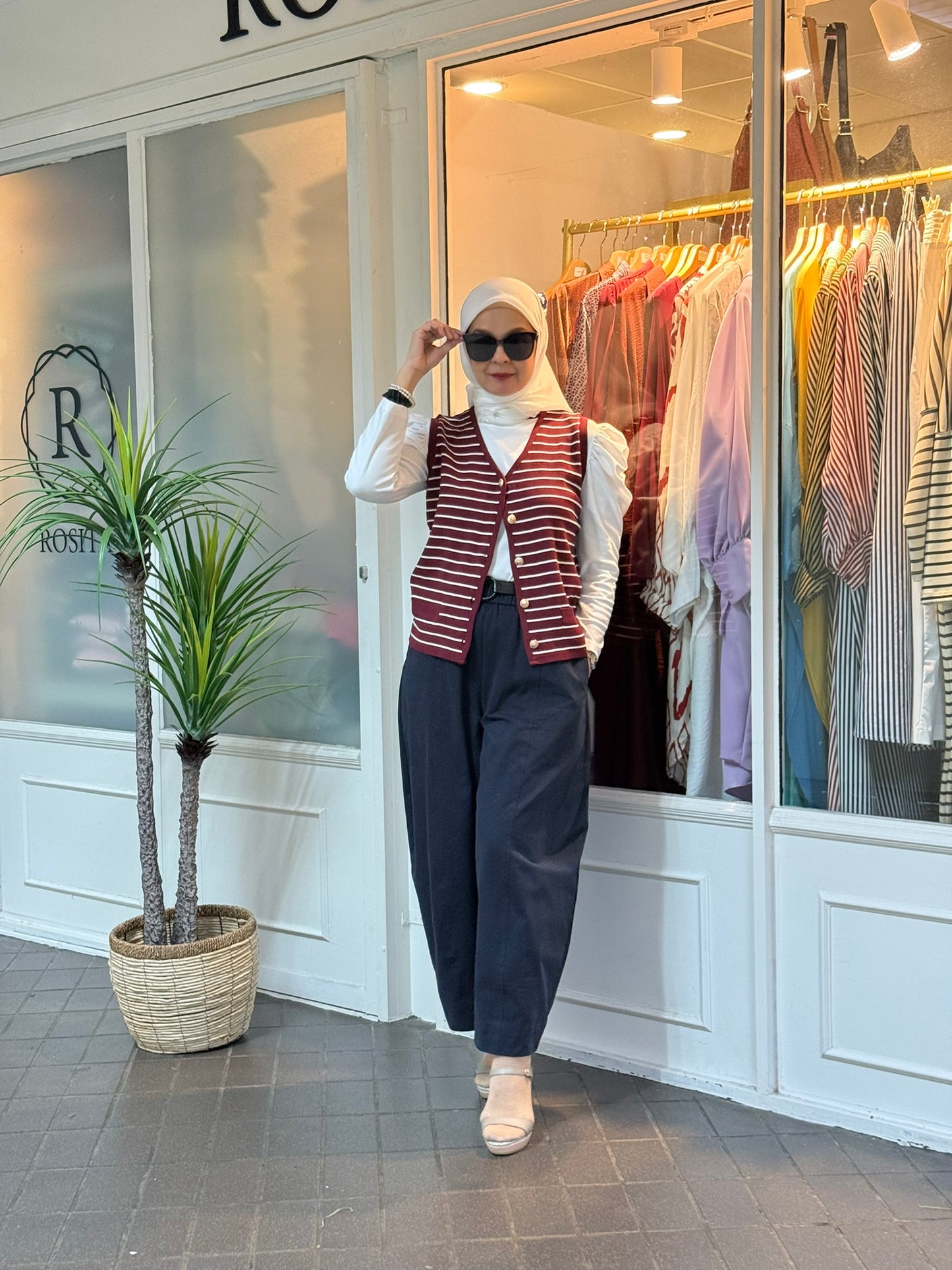 Leona Striped Vest with Button in Maroon (NEW!)
