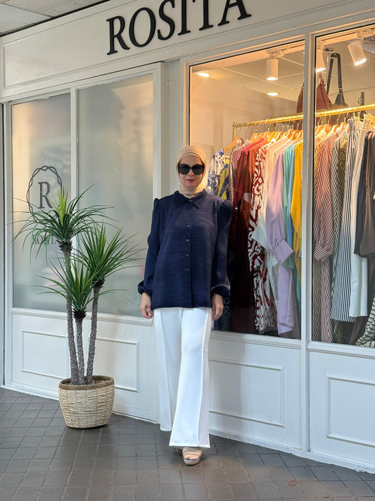 Vivy Pleated Button Down Top in Navy Blue (NEW!)