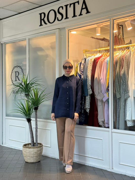 Geena Pleated Button Down Top in Navy (NEW!)