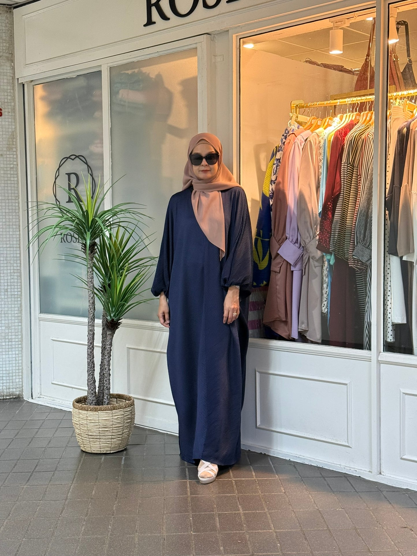 Azzahra Pleated Long Kaftan in Navy (NEW!)