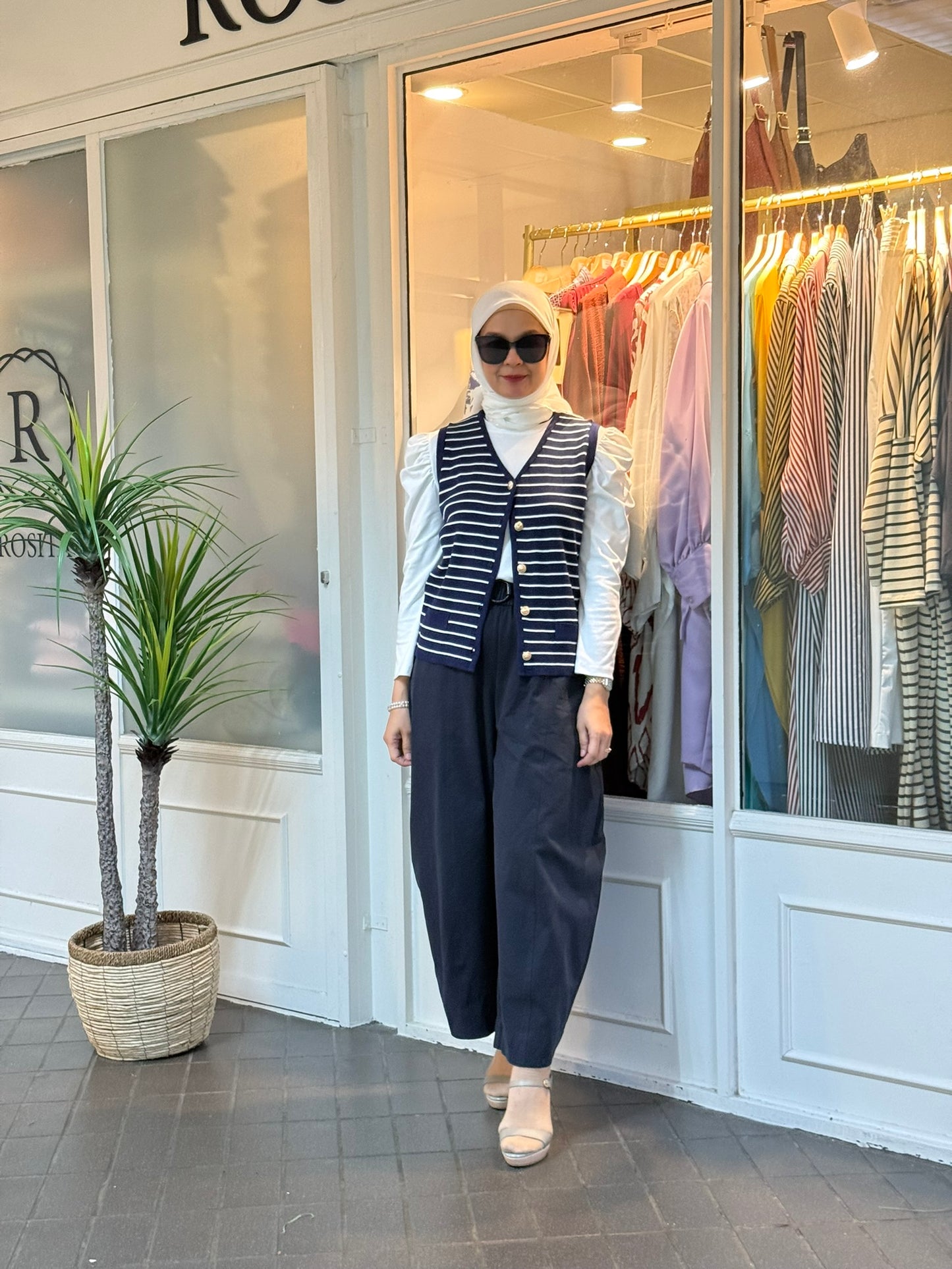 Leona Striped Vest with Button in Navy (NEW!)
