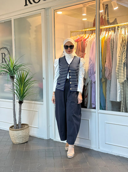 Leona Striped Vest with Button in Navy (NEW!)
