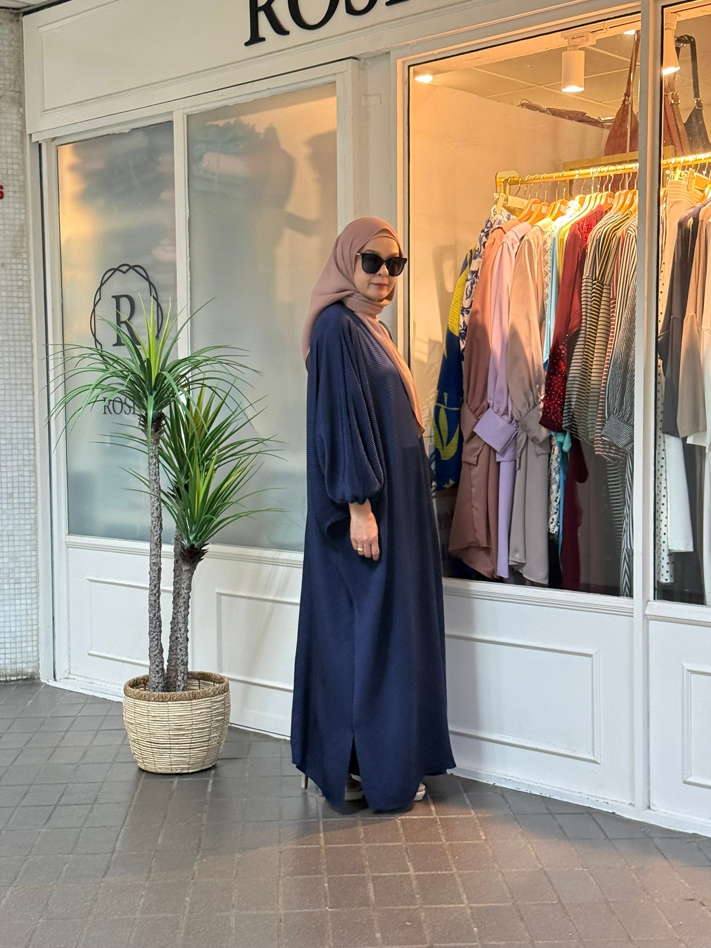 Azzahra Pleated Long Kaftan in Navy (NEW!)