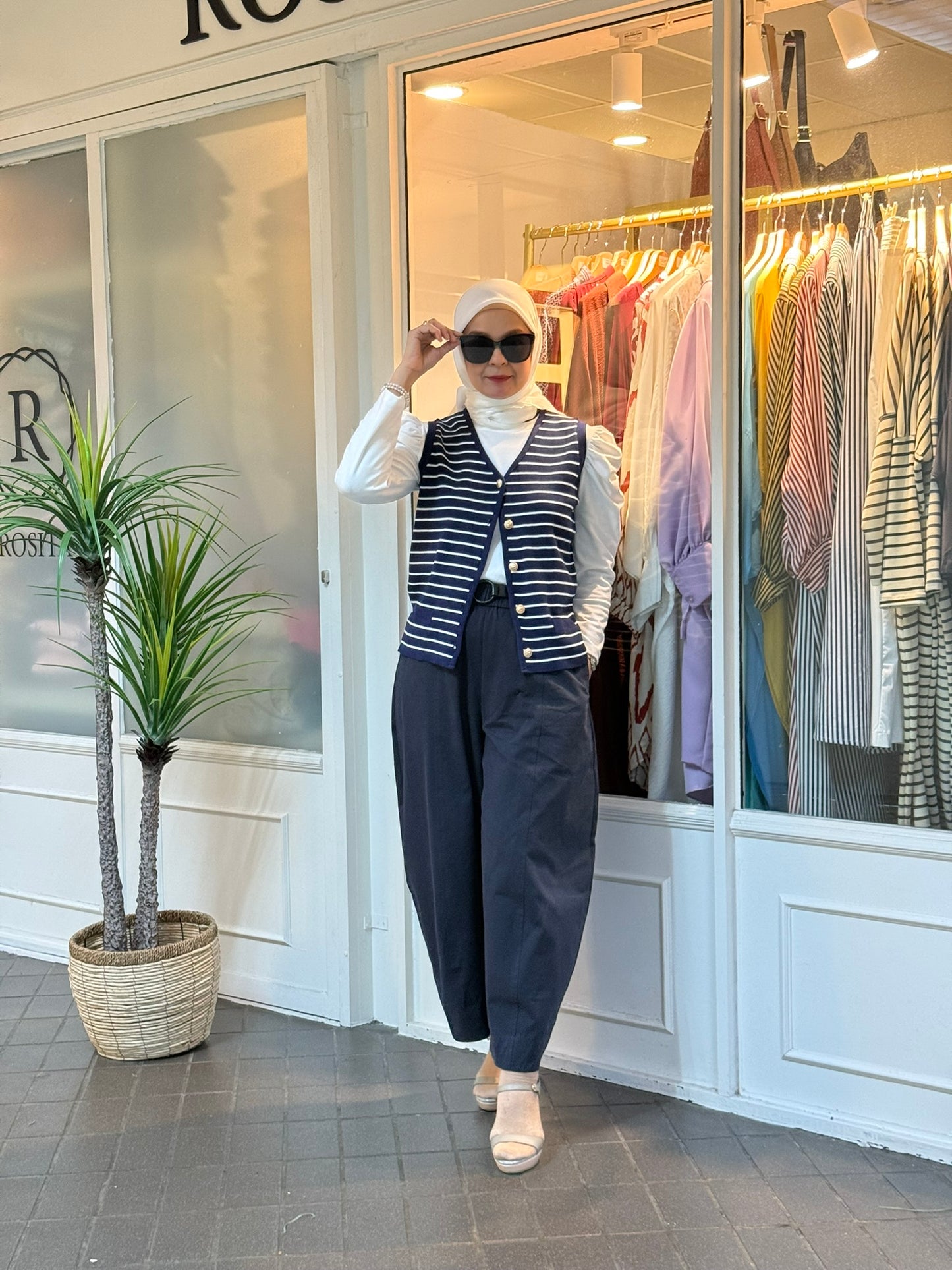Leona Striped Vest with Button in Navy (NEW!)