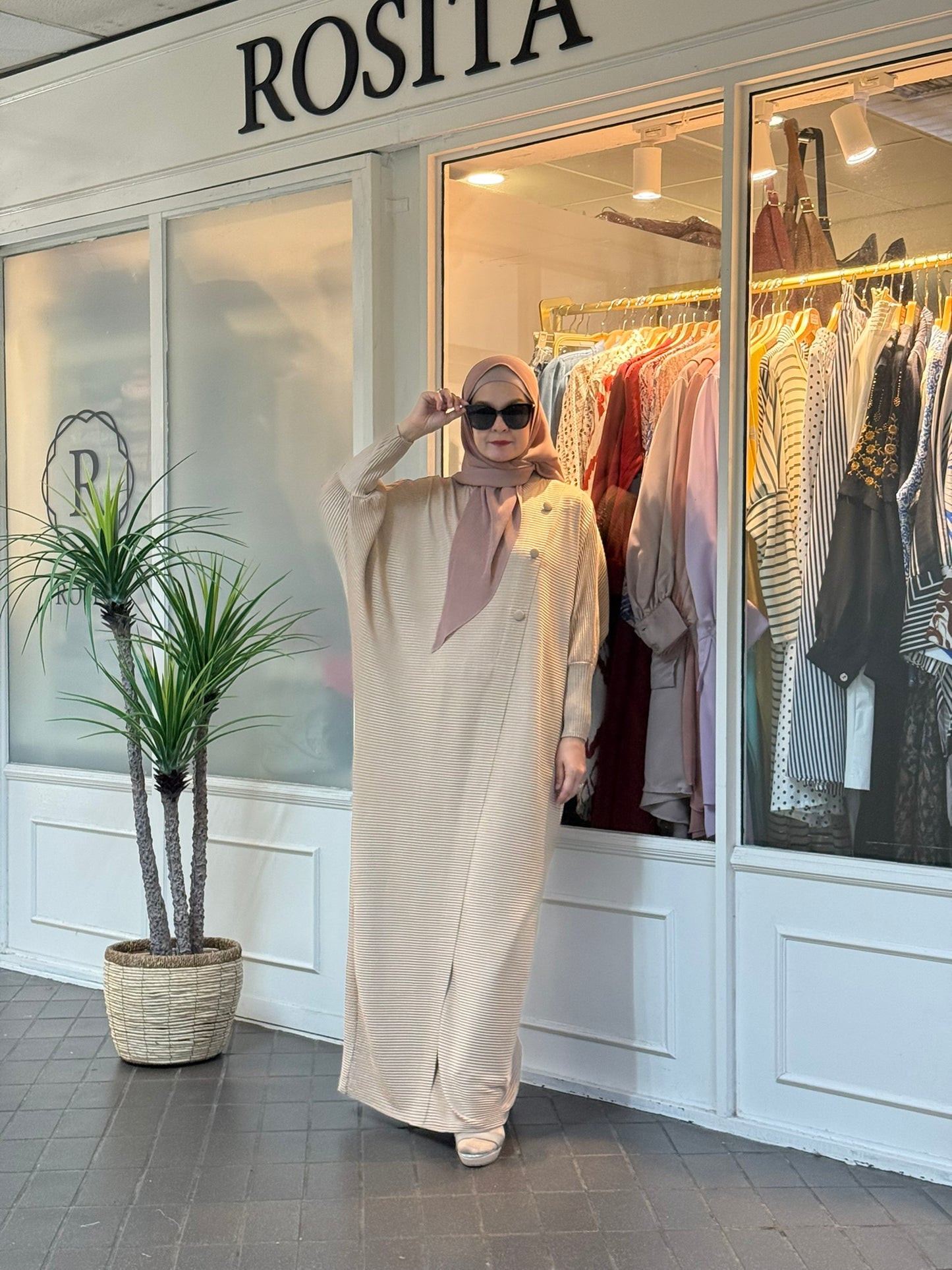 Reena Pleated Batwing Button Dress in Nude (NEW!)