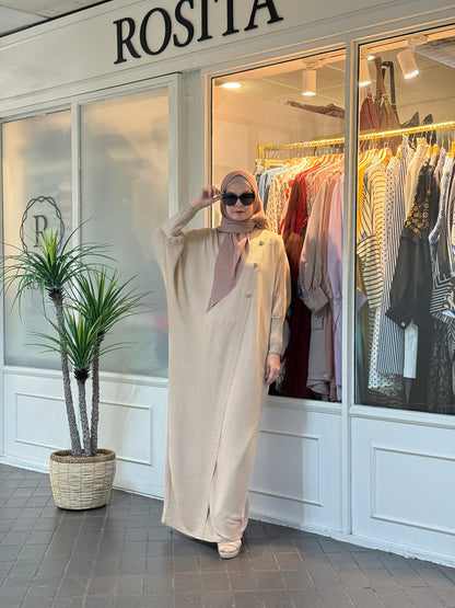 Reena Pleated Batwing Button Dress in Nude (NEW!)