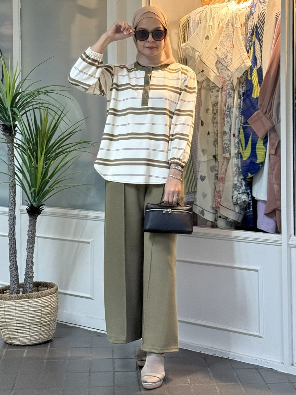 Miss Rox Striped Cotton Knit Pants Set in Olive (NEW!)