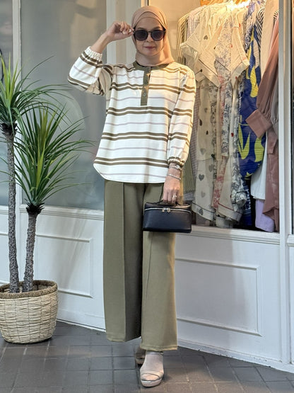 Miss Rox Striped Cotton Knit Pants Set in Olive (NEW!)