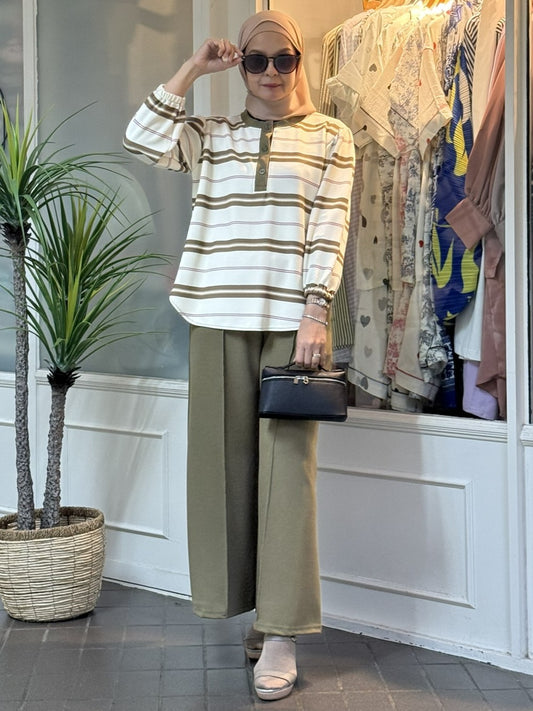 Miss Rox Striped Cotton Knit Pants Set in Olive (NEW!)