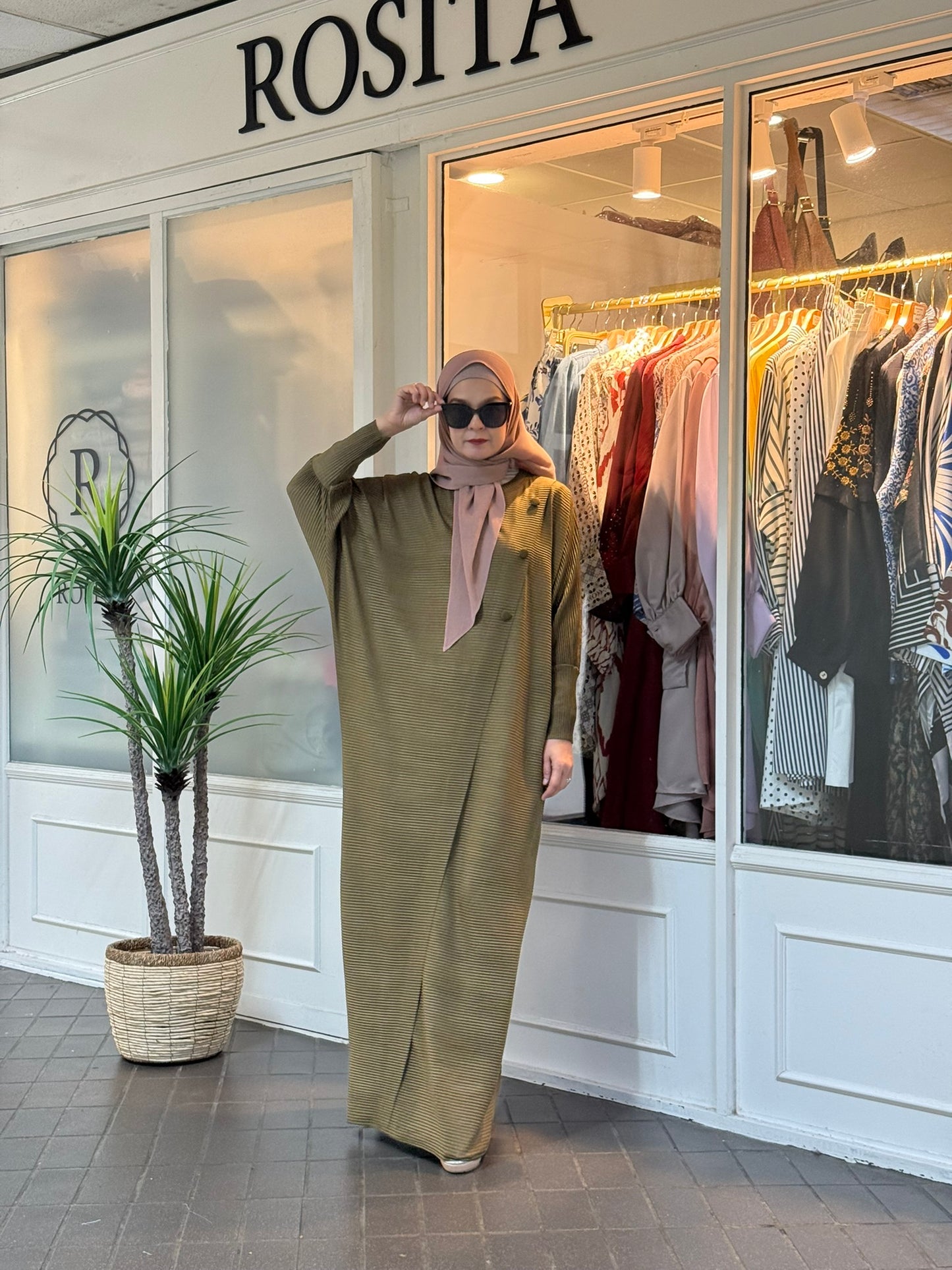 Reena Pleated Batwing Button Dress in Olive (NEW!)