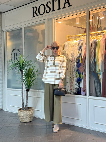 Miss Rox Striped Cotton Knit Pants Set in Olive (NEW!)