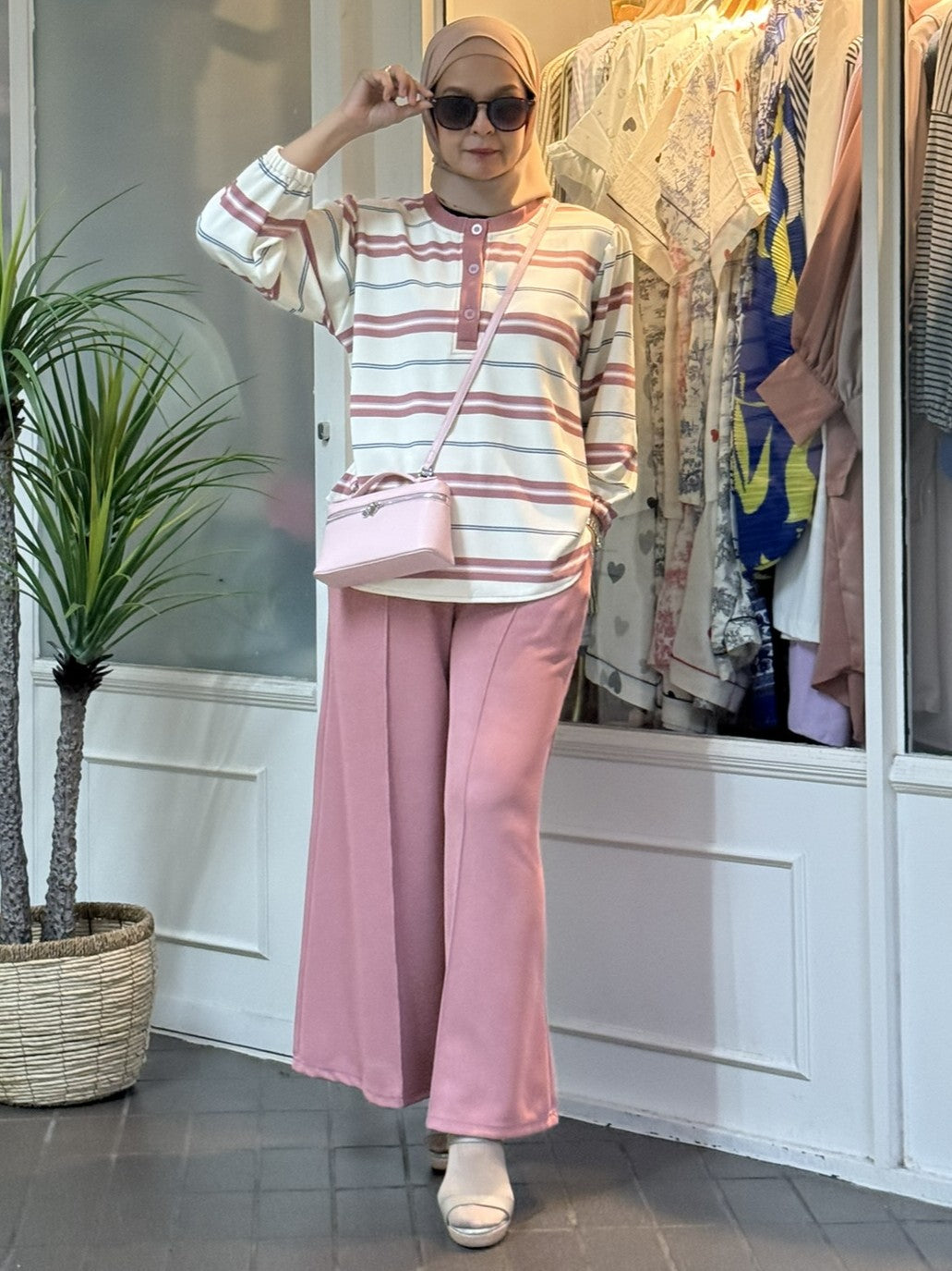 Miss Rox Striped Cotton Knit Pants Set in Pink (NEW!)