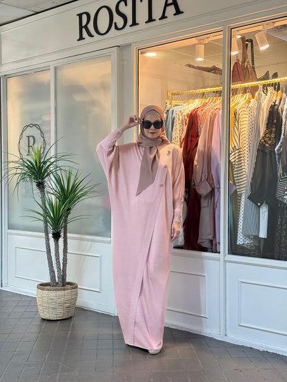 Reena Pleated Batwing Button Dress in Pink (NEW!)