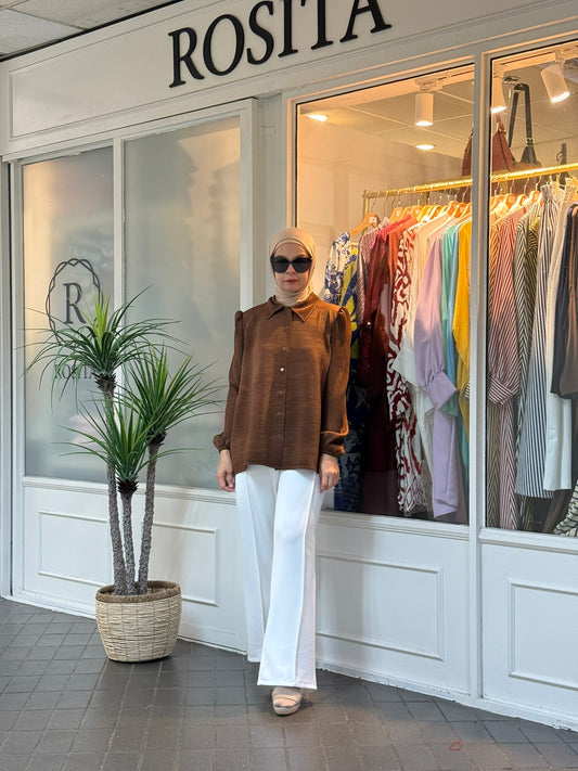 Vivy Pleated Button Down Top in Brown (NEW!)