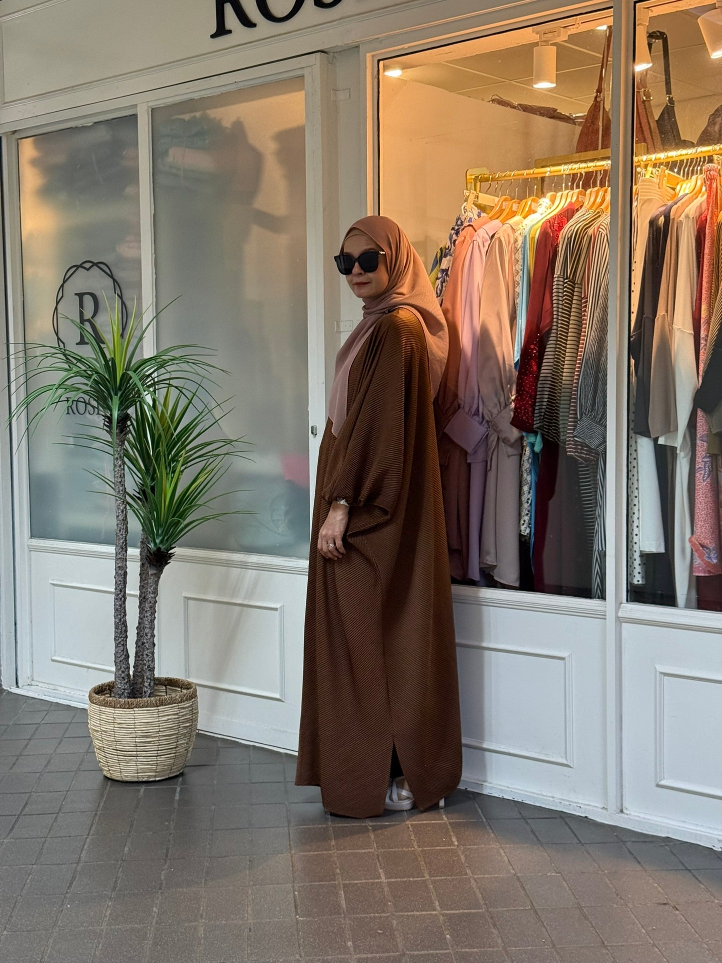 Azzahra Pleated Long Kaftan in Rich Brown (NEW!)