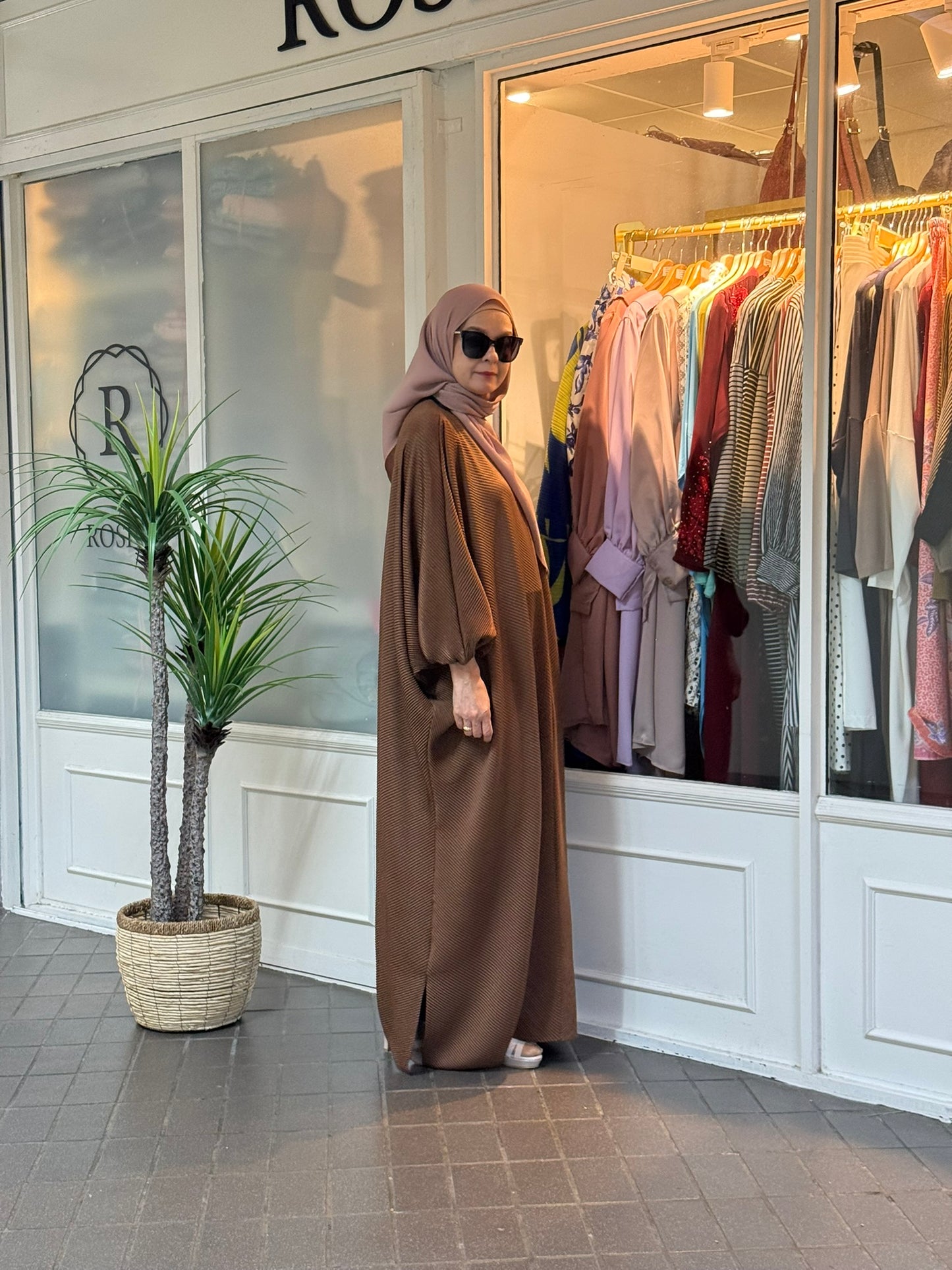 Azzahra Pleated Long Kaftan in Rich Brown (NEW!)