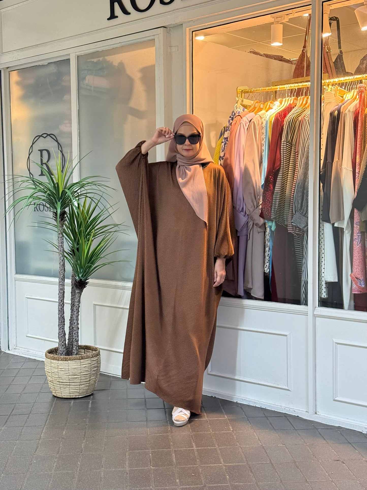 Azzahra Pleated Long Kaftan in Rich Brown (NEW!)