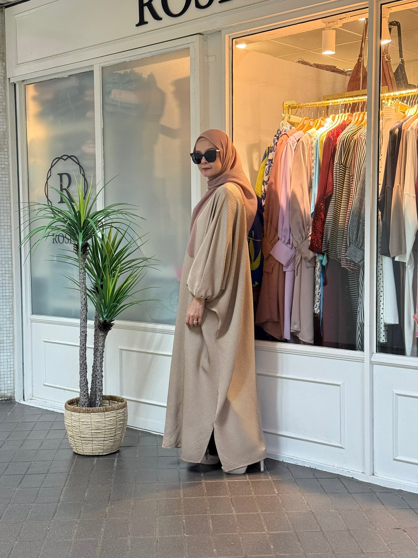 Azzahra Pleated Long Kaftan in Sand (NEW!)