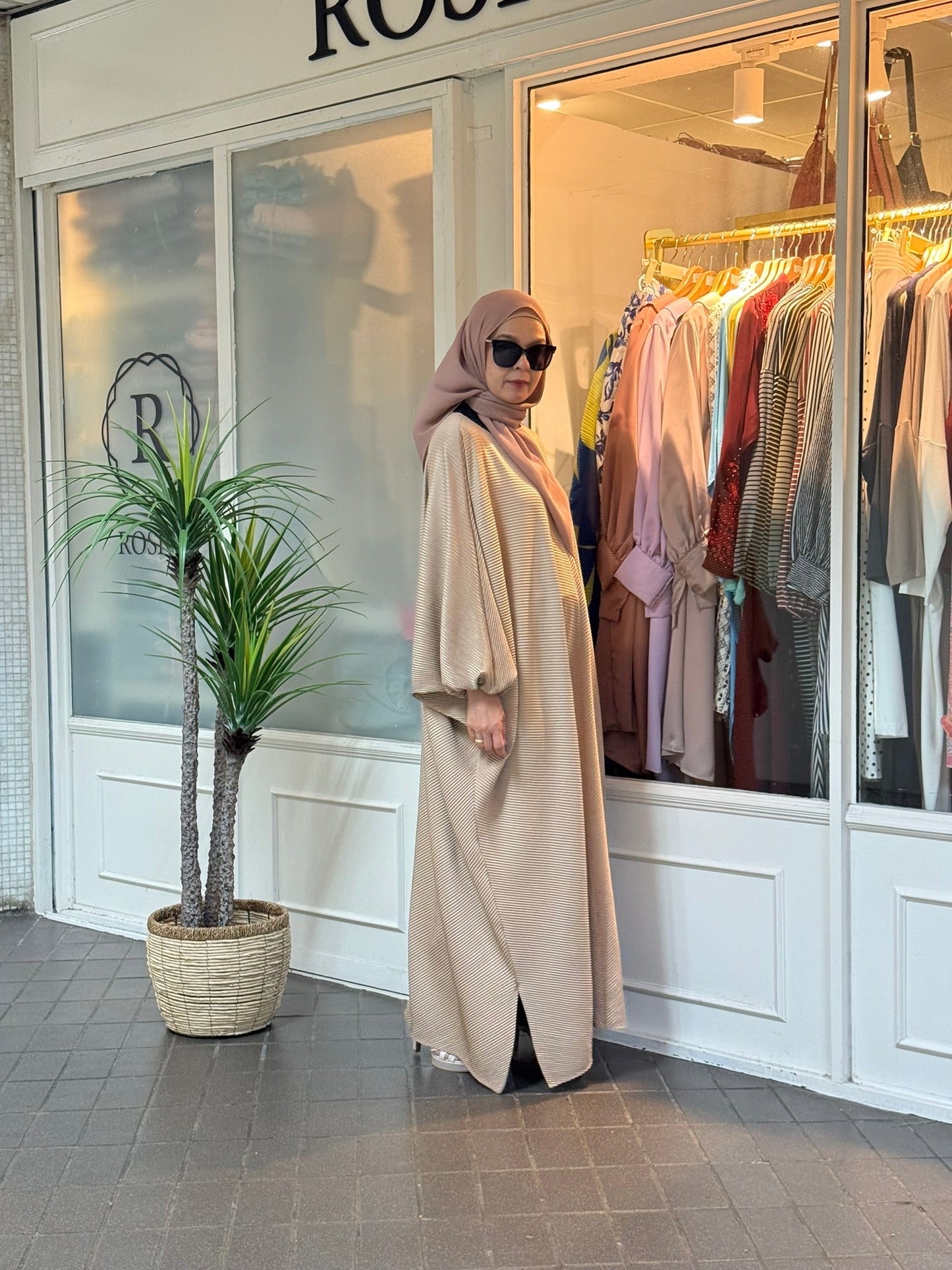 Azzahra Pleated Long Kaftan in Sand (NEW!)
